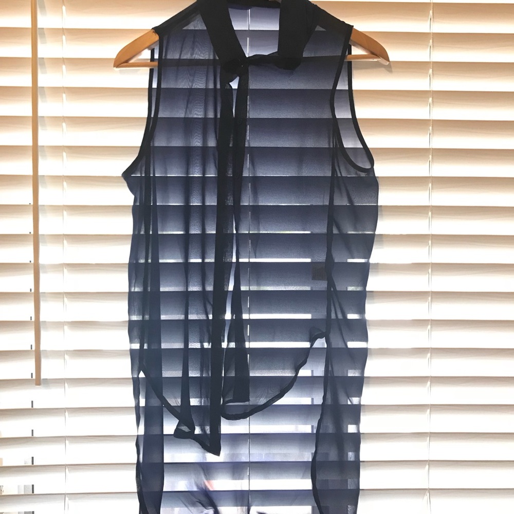 Sheer blue high low button down blouse